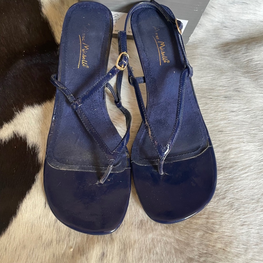 Anne Michelle Navy Blue Slingback‎ Thong Heel Sandals Size 7.5